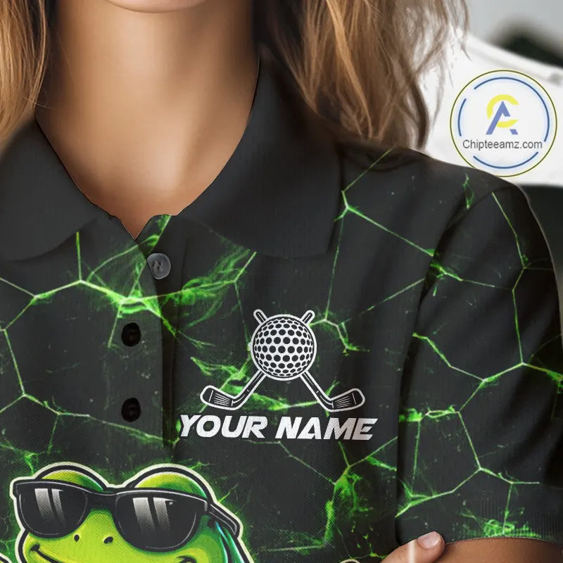 Black & Green Funny Frog Golf Polo shirts for Women Custom team golf shirts, ladies golf clothes NQS11584