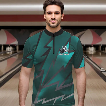 Cyan Blue Lightning Thunder Storm Team bowling shirts for Men custom bowling Polo, Quarter zip jerseys NQS9626