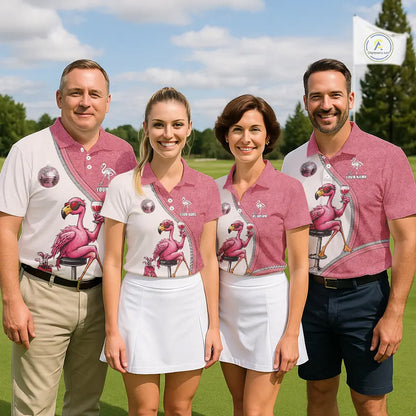 Custom Funny Pink Flamingo Drink Wine Golf Polo Shirts For Men, Flamingo Mens Golf tops NQS11711