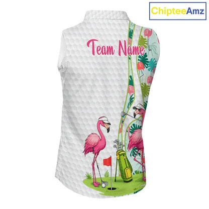 Funny Pink Flamingo Sleeveless Golf polo shirt custom tropical monstera leaf pattern golf shirts NQS11713