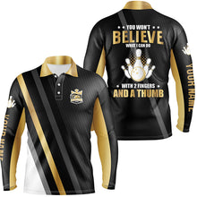 Load image into Gallery viewer, Gold &amp; black Mens bowling shirts Custom you won't believe what I can do with 2 fingers and a thumb NQS8840