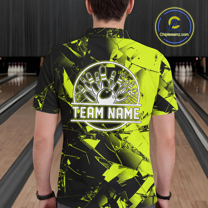 Custom Broken Glass Black and Green Neon Bowling Shirts For Men, Bowling Team League Jerseys NQS11174