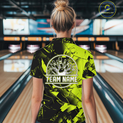 Custom Broken Glass Black and Green Neon Bowling Shirts For Women, Bowling Team League Jerseys NQS11174