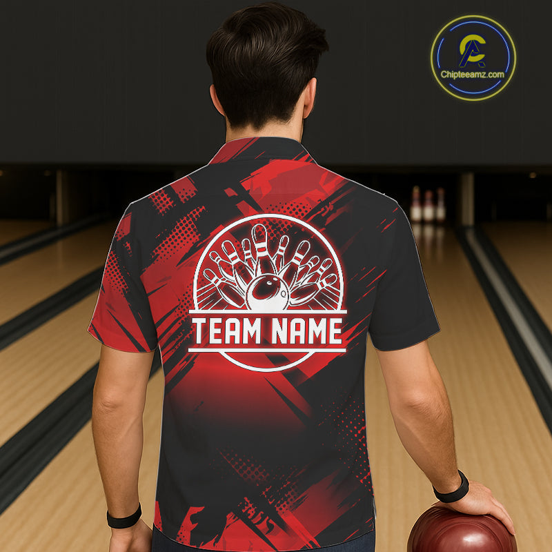 Black and Red Camo Bowling Hawaiian Shirt Custom Bowling Team League Button up shirt NQS11175