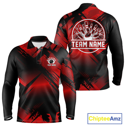 Black and Red Camo Bowling Polo, 1/4 zip Shirts For Men Custom Bowling Team League Jerseys NQS11175