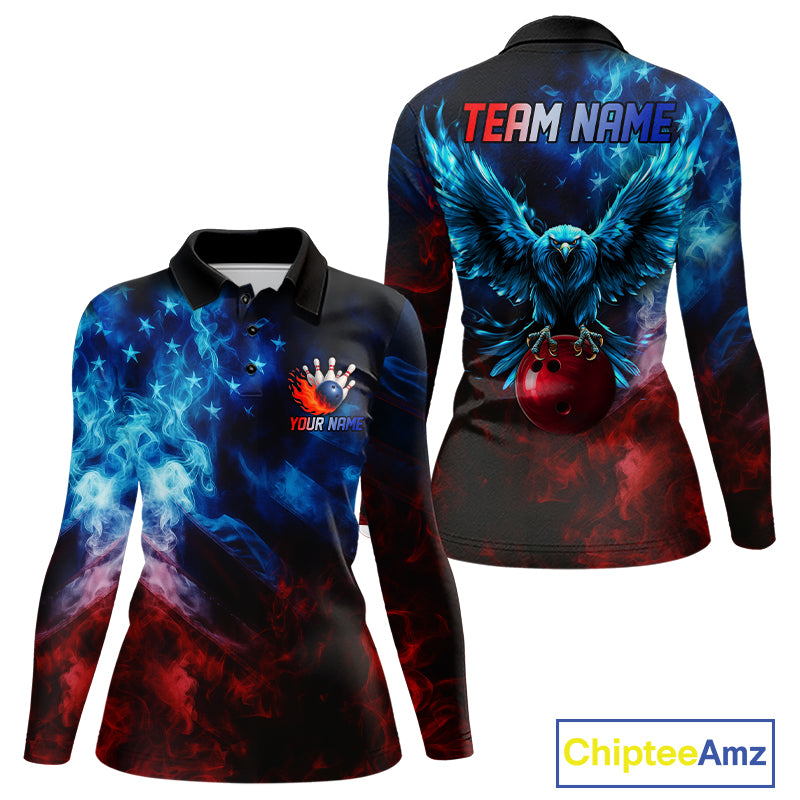 Smoke American Flag Eagle Bowling Shirts For Women Custom patriotic Bowling Team Polo, 1/4 zip Jersey NQS11179