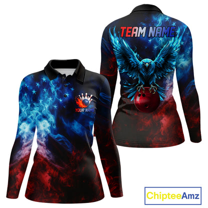 Smoke American Flag Eagle Bowling Shirts For Women Custom patriotic Bowling Team Polo, 1/4 zip Jersey NQS11179