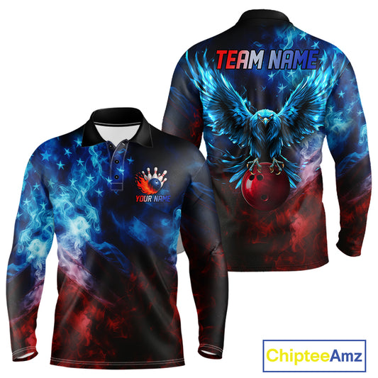 Smoke American Flag Eagle Bowling Shirts For Men Custom patriotic Bowling Team Polo, 1/4 zip Jerseys NQS11179