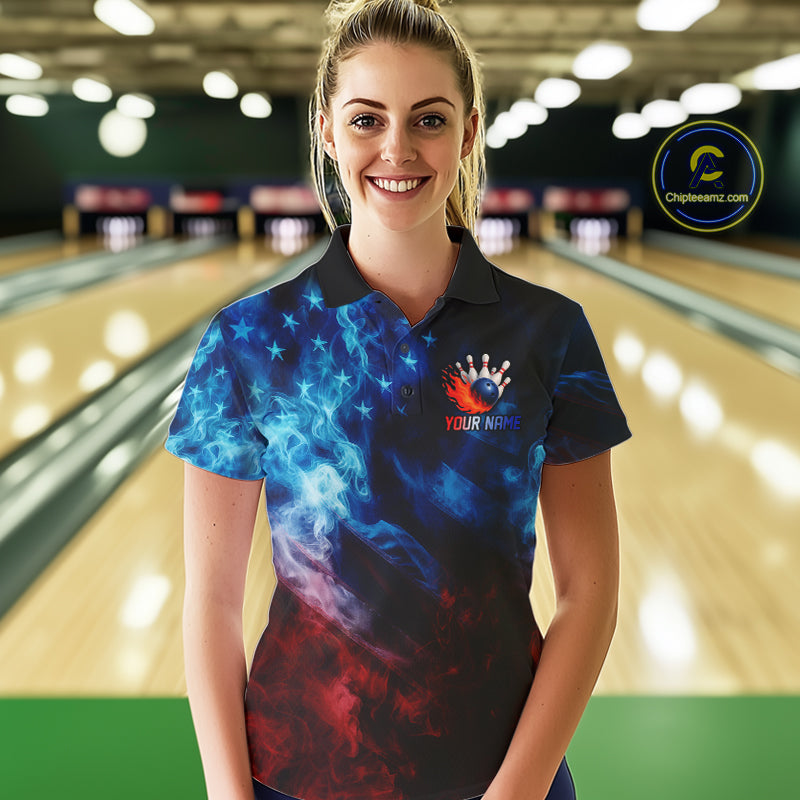 Smoke American Flag Eagle Bowling Shirts For Women Custom patriotic Bowling Team Polo, 1/4 zip Jersey NQS11179