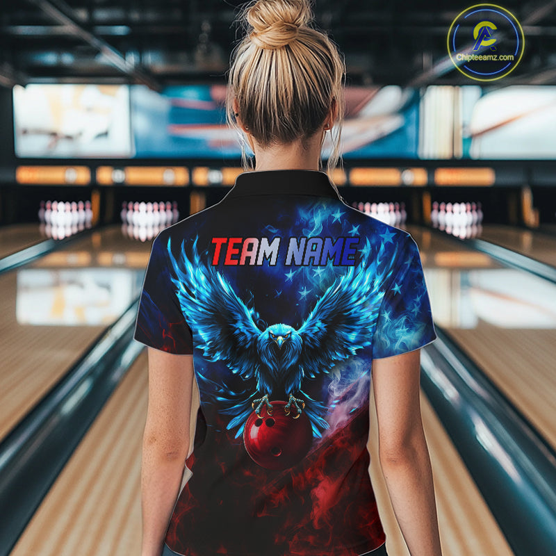Smoke American Flag Eagle Bowling Shirts For Women Custom patriotic Bowling Team Polo, 1/4 zip Jersey NQS11179