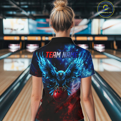 Smoke American Flag Eagle Bowling Shirts For Women Custom patriotic Bowling Team Polo, 1/4 zip Jersey NQS11179