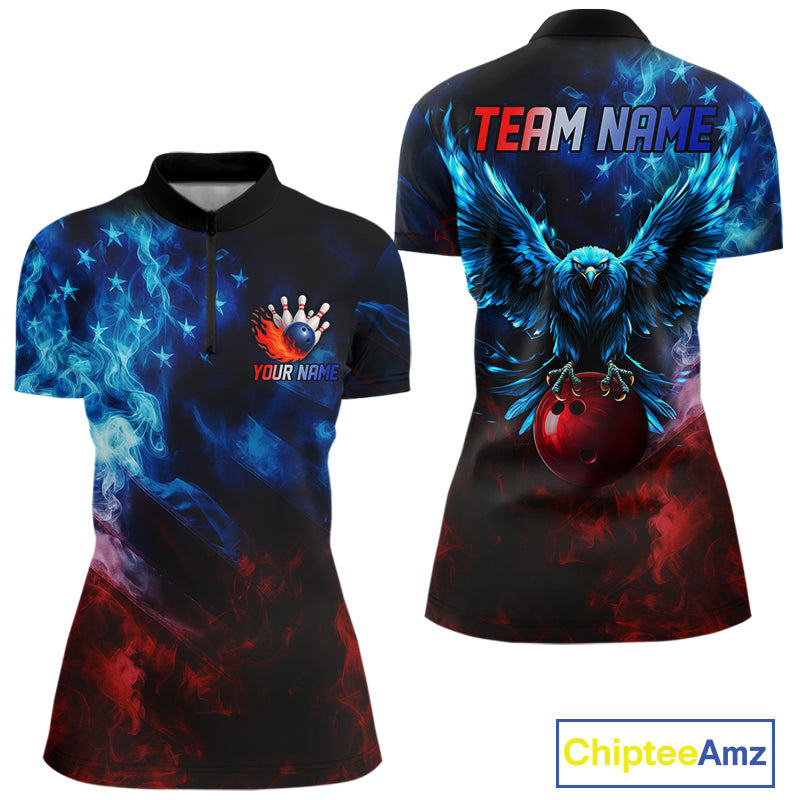 Smoke American Flag Eagle Bowling Shirts For Women Custom patriotic Bowling Team Polo, 1/4 zip Jersey NQS11179