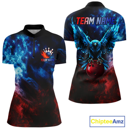 Smoke American Flag Eagle Bowling Shirts For Women Custom patriotic Bowling Team Polo, 1/4 zip Jersey NQS11179