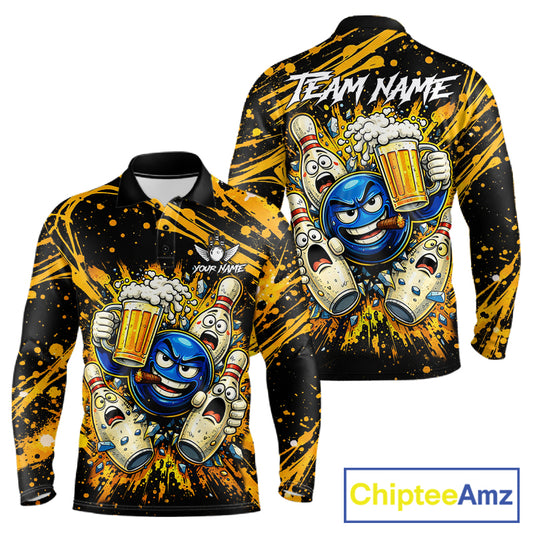 Black and Yellow Funny Bowling and Beer Custom Bowling Shirts For Men, Bowling Team League jerseys NQS11587