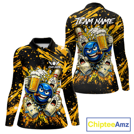 Black and Yellow Funny Bowling and Beer Custom Bowling Shirts For Women, Bowling Team League jerseys NQS11587