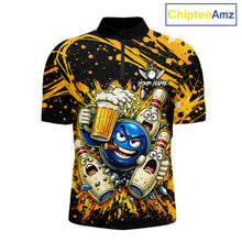 Load image into Gallery viewer, Black and Yellow Funny Bowling and Beer Custom Bowling Shirts For Men, Bowling Team League jerseys NQS11587