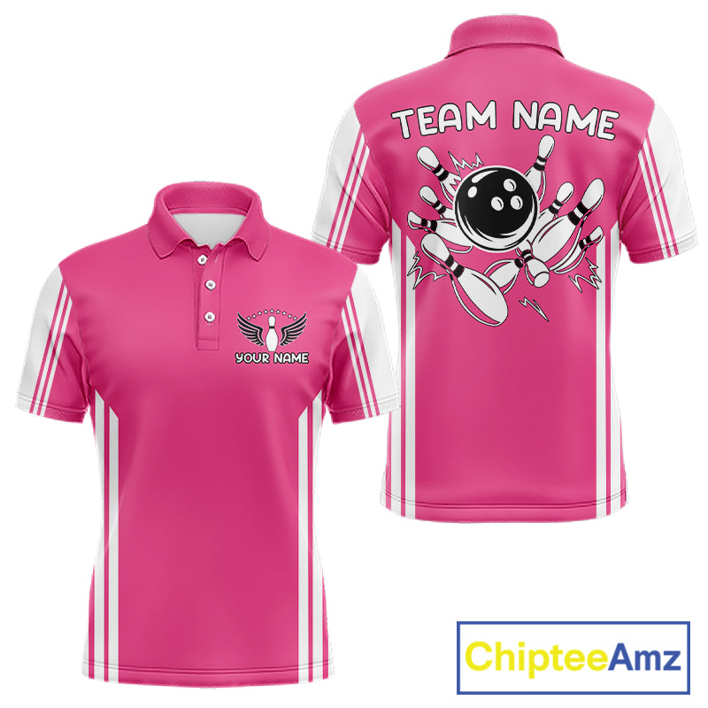 Custom Retro Pink Bowling Polo Shirts, Bowling 1/4 zip jersey For Men, Team Bowling League jerseys NQS11589