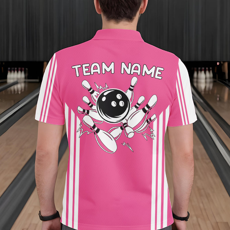 Custom Retro Pink Bowling Polo Shirts, Bowling 1/4 zip jersey For Men, Team Bowling League jerseys NQS11589