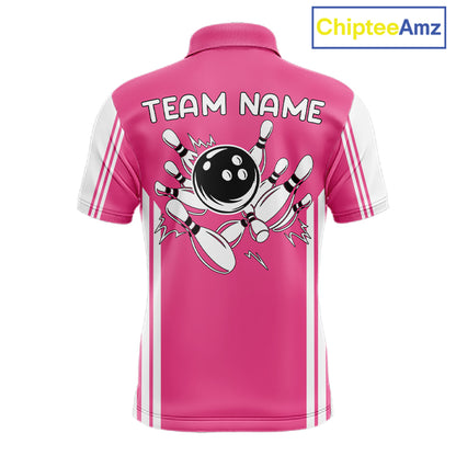 Custom Retro Pink Bowling Polo Shirts, Bowling 1/4 zip jersey For Men, Team Bowling League jerseys NQS11589