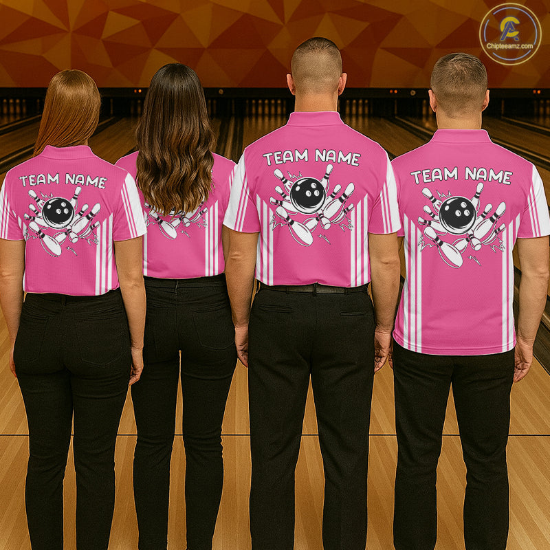 Custom Retro Pink Bowling Polo Shirts, Bowling 1/4 zip jersey For Women, Team Bowling League jerseys NQS11589