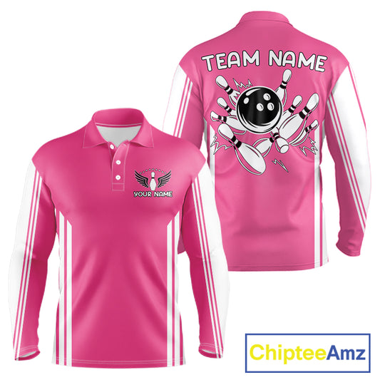 Custom Retro Pink Bowling Polo Shirts, Bowling 1/4 zip jersey For Men, Team Bowling League jerseys NQS11589