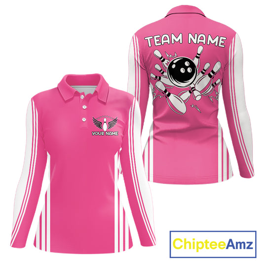 Custom Retro Pink Bowling Polo Shirts, Bowling 1/4 zip jersey For Women, Team Bowling League jerseys NQS11589