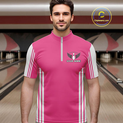 Custom Retro Pink Bowling Polo Shirts, Bowling 1/4 zip jersey For Men, Team Bowling League jerseys NQS11589