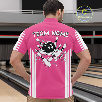 Custom Retro Pink Bowling Polo Shirts, Bowling 1/4 zip jersey For Men, Team Bowling League jerseys NQS11589