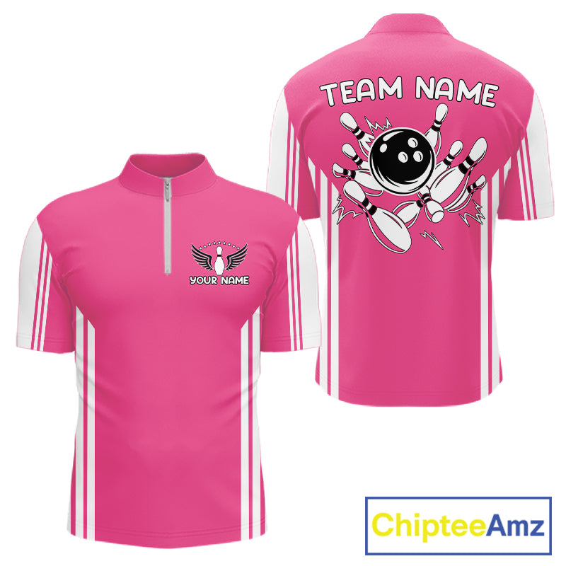 Custom Retro Pink Bowling Polo Shirts, Bowling 1/4 zip jersey For Men, Team Bowling League jerseys NQS11589