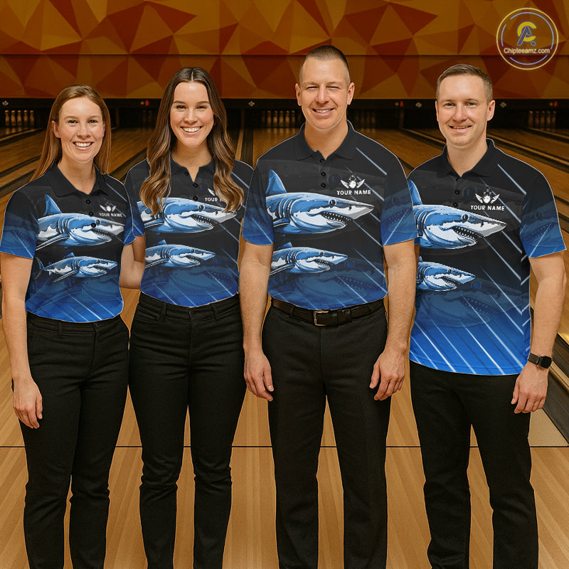 Black and blue shark bowling shirt for men custom lightning thunder bowling polo, quarter zip shirts NQS11378