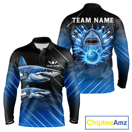 Black and blue shark bowling shirt for men custom lightning thunder bowling polo, quarter zip shirts NQS11378