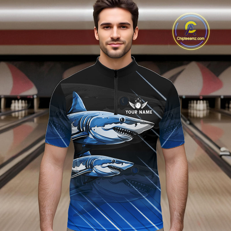 Black and blue shark bowling shirt for men custom lightning thunder bowling polo, quarter zip shirts NQS11378