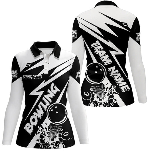 Black and white bowling Polo, Quarter Zip shirts for women Custom Bowling Team League Jerseys NQS7748