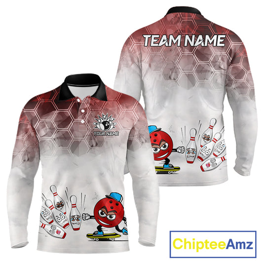 Funny Bowling Polo Shirts For Men, 1/4 zip shirts Custom Bowling Team Jerseys Gift For Bowler | Red NQS11388