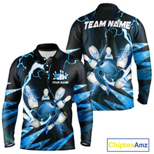 Load image into Gallery viewer, Blue Thunder Lightning bowling ball and pins jerseys Custom Team Bowling Polo, 1/4 Zip Shirts For Men NQS9831