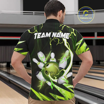 Green Thunder Lightning bowling ball and pins jerseys Custom Team Bowling Polo, 1/4 Zip Shirts For Men NQS9832