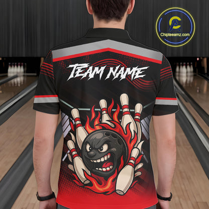 Black and Red Flame Funny Bowling Ball and Pins Bowling shirts for men custom team bowling outfits NQS10985