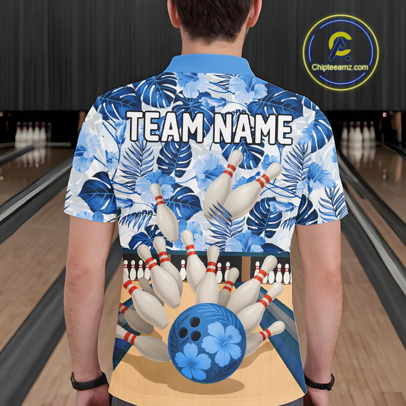 Blue tropical flower Bowling Polo, Quarter Zip Shirts For Men Custom bowling team jersey NQS10988