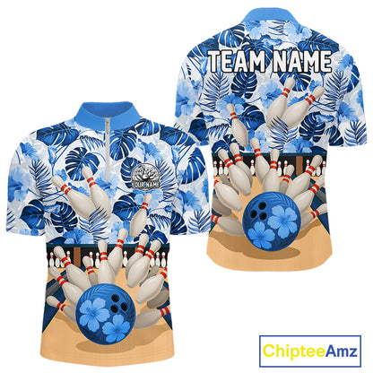 Blue tropical flower Bowling Polo, Quarter Zip Shirts For Men Custom bowling team jersey NQS10988