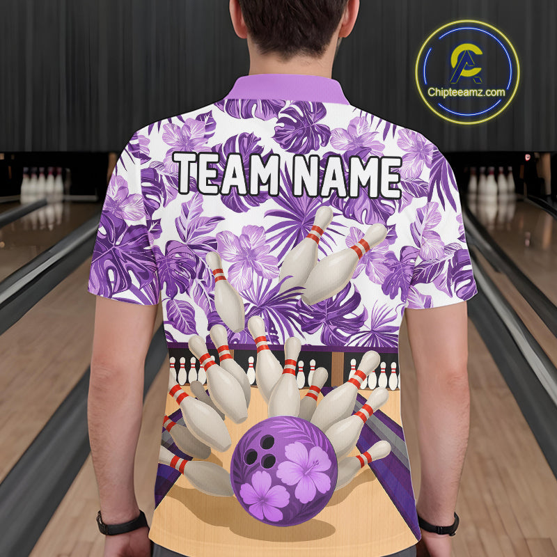 Purple tropical flower Bowling Polo, Quarter Zip Shirts For Men Custom bowling team jersey NQS10989