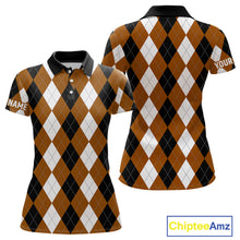Load image into Gallery viewer, Women golf polo shirt custom brown argyle plaid pattern golf attire for ladies NQS9848