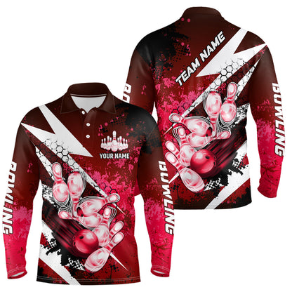 Red grunge lightning Bowling Polo, Quarter Zip shirt For Men Custom Team Bowling Jersey NQS8660