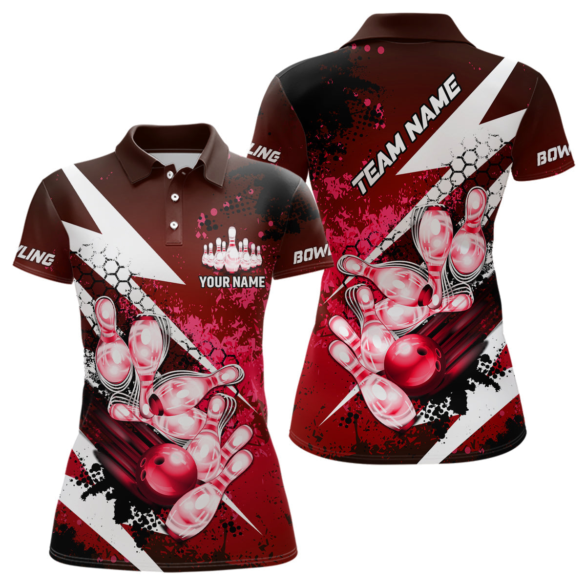 Red grunge lightning Bowling Polo, Quarter Zip shirt For Women Custom Team Bowling Jerseys NQS8660