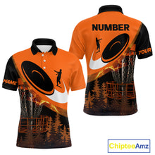 Load image into Gallery viewer, Black and Orange Mens Disc golf polo shirts Custom Disc Golf basket forest tree, Disc Golfer Gift NQS10820