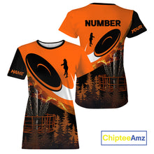 Load image into Gallery viewer, Black and Orange Disc golf T-Shirts For Women Custom Disc Golf basket forest tree, Disc Golfer Gift NQS10820