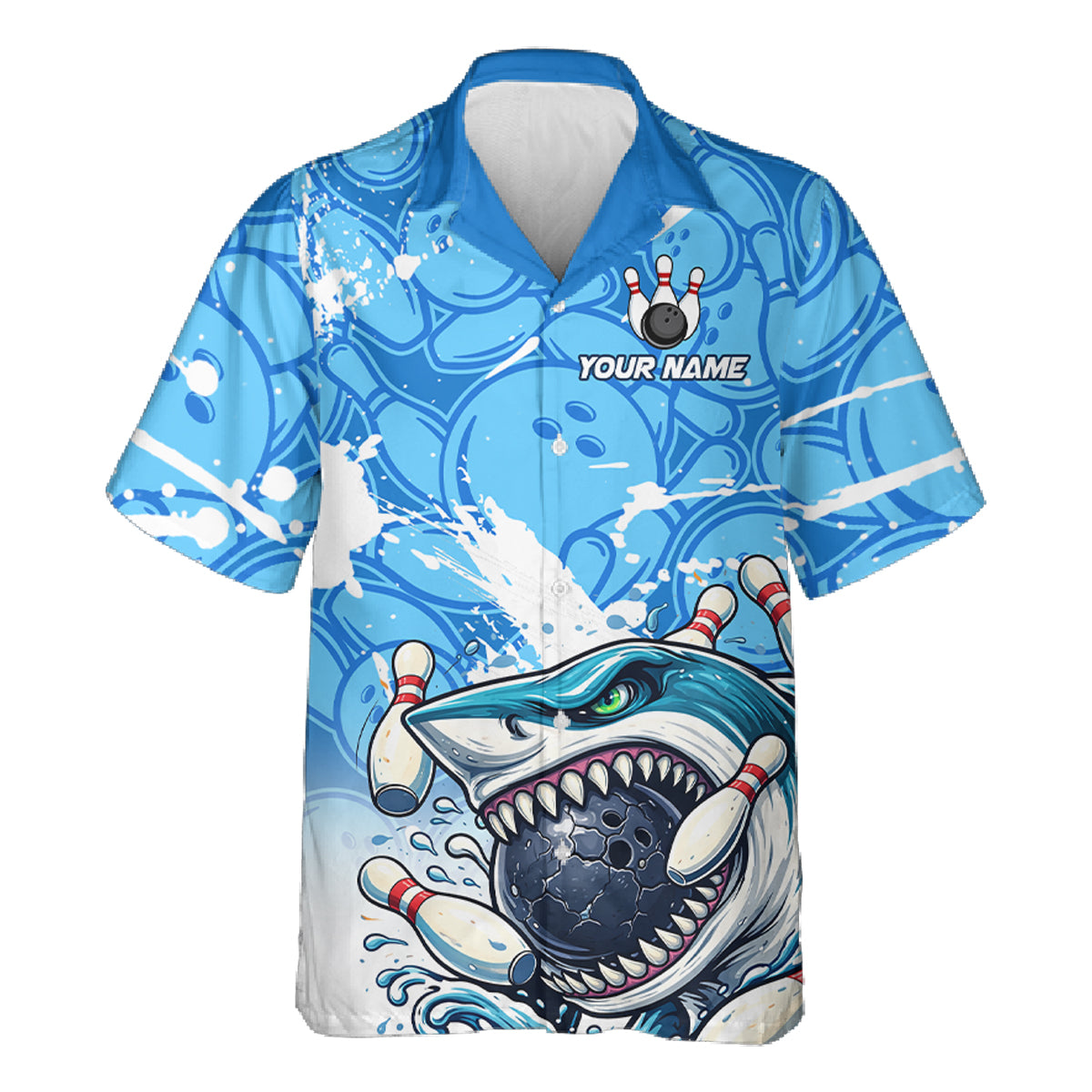Blue Bowling Camo Angry Shark Bowling Button-up Shirts Custom Shark Team Hawaiian Bowling Jersey NQS11605