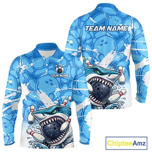 Blue Bowling Camo Angry Shark Bowling Polo, 1/4 Zip Shirts for Men Custom Shark Team Bowling Jerseys NQS11605