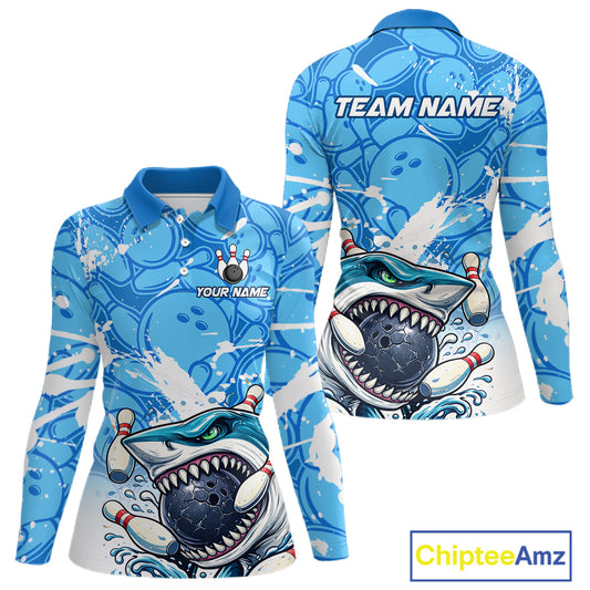 Blue Bowling Camo Angry Shark Bowling Polo, 1/4 Zip Shirts for Women Custom Shark Team Bowling Jersey NQS11605