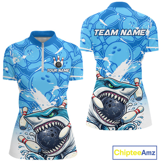 Blue Bowling Camo Angry Shark Bowling Polo, 1/4 Zip Shirts for Women Custom Shark Team Bowling Jersey NQS11605