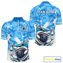 Load image into Gallery viewer, Blue Bowling Camo Angry Shark Bowling Polo, 1/4 Zip Shirts for Men Custom Shark Team Bowling Jerseys NQS11605